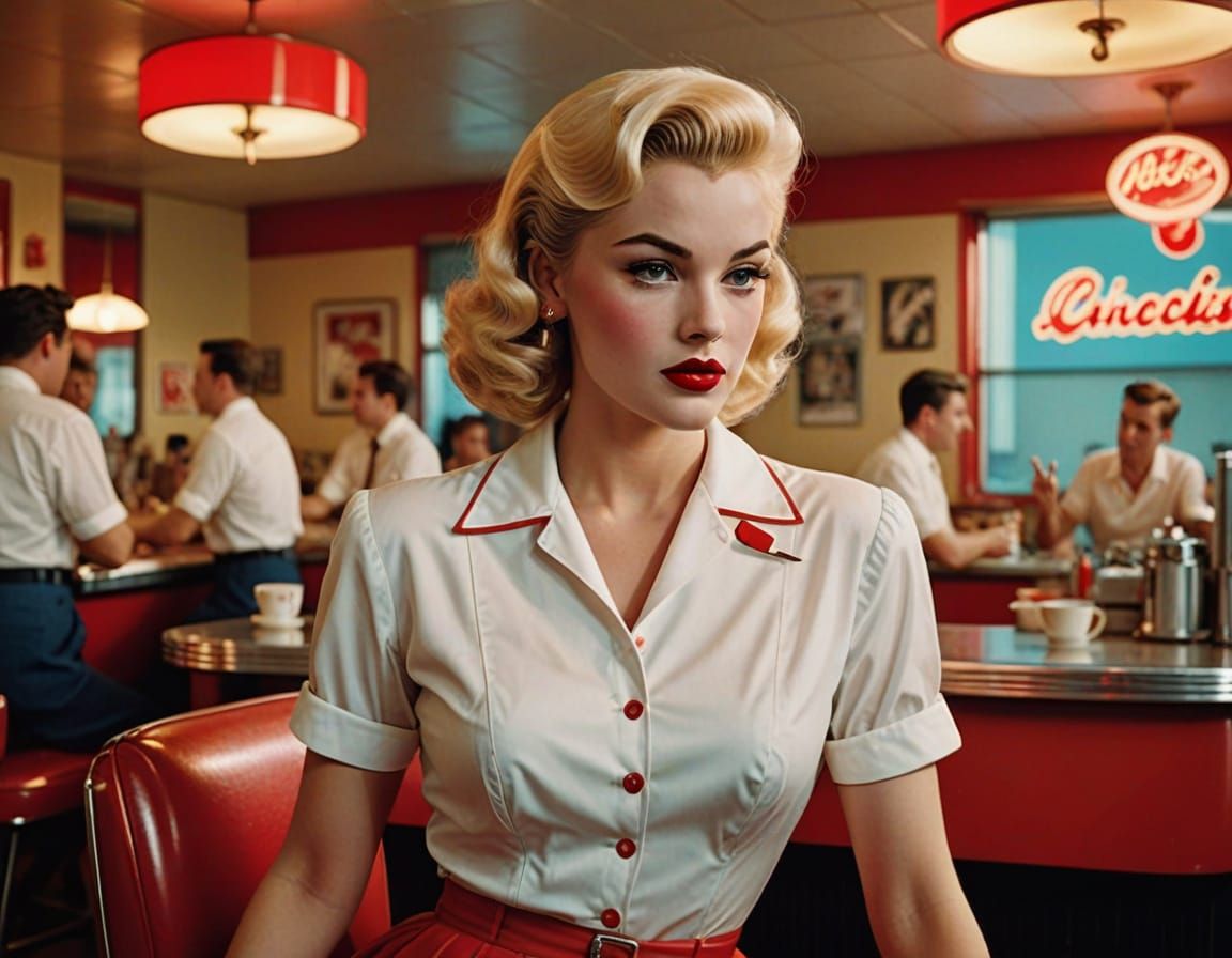 Retro Pin-Up Girl Serves Classic Dessert in a 1950s American...