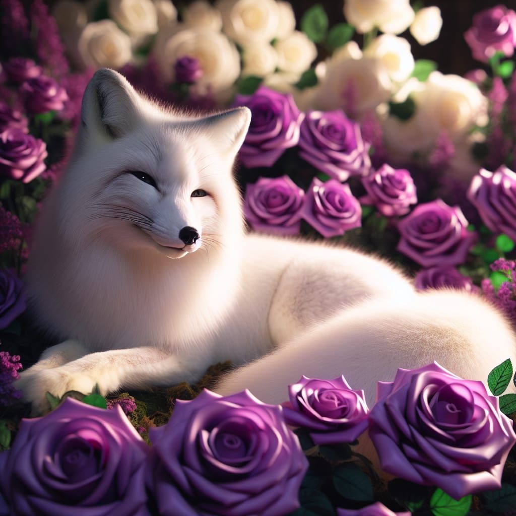 White Fox in Purple Roses Garden
