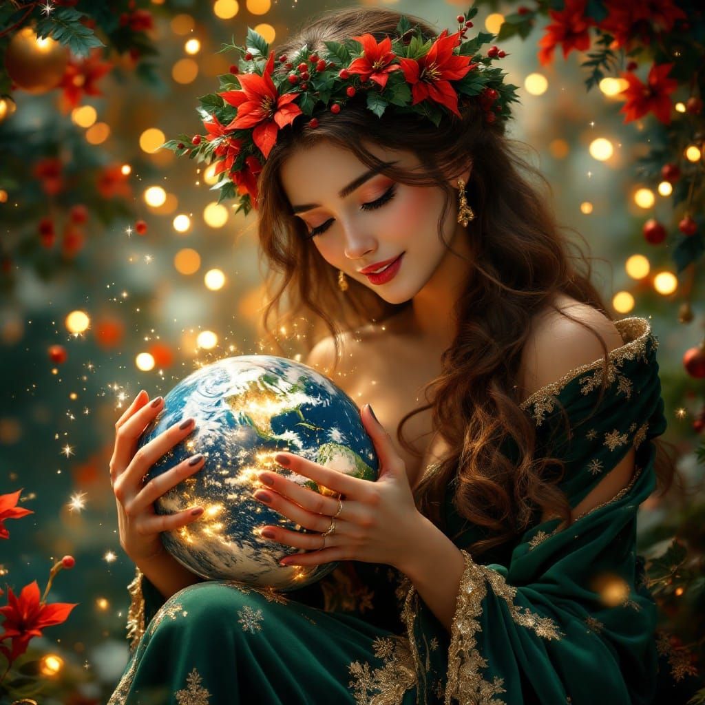 Stunning Velvet Goddess with Cascading Brown Hair and Emeral...