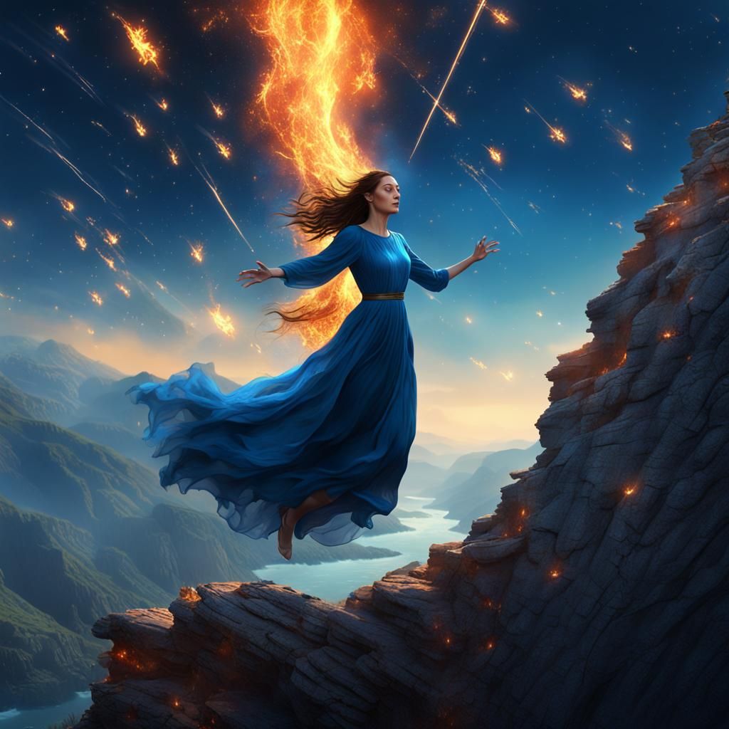 Woman's Cliffside Leap of Faith in Fantasy Art