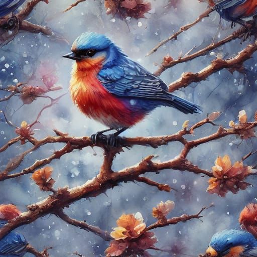 Bird Perched on Winter Tree in Shishkin Style