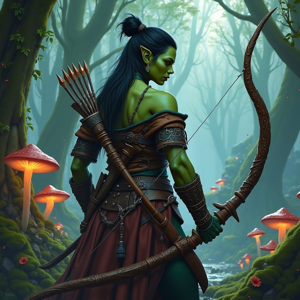 Half-Orc Archer in Mystical Forest, Matte Painting
