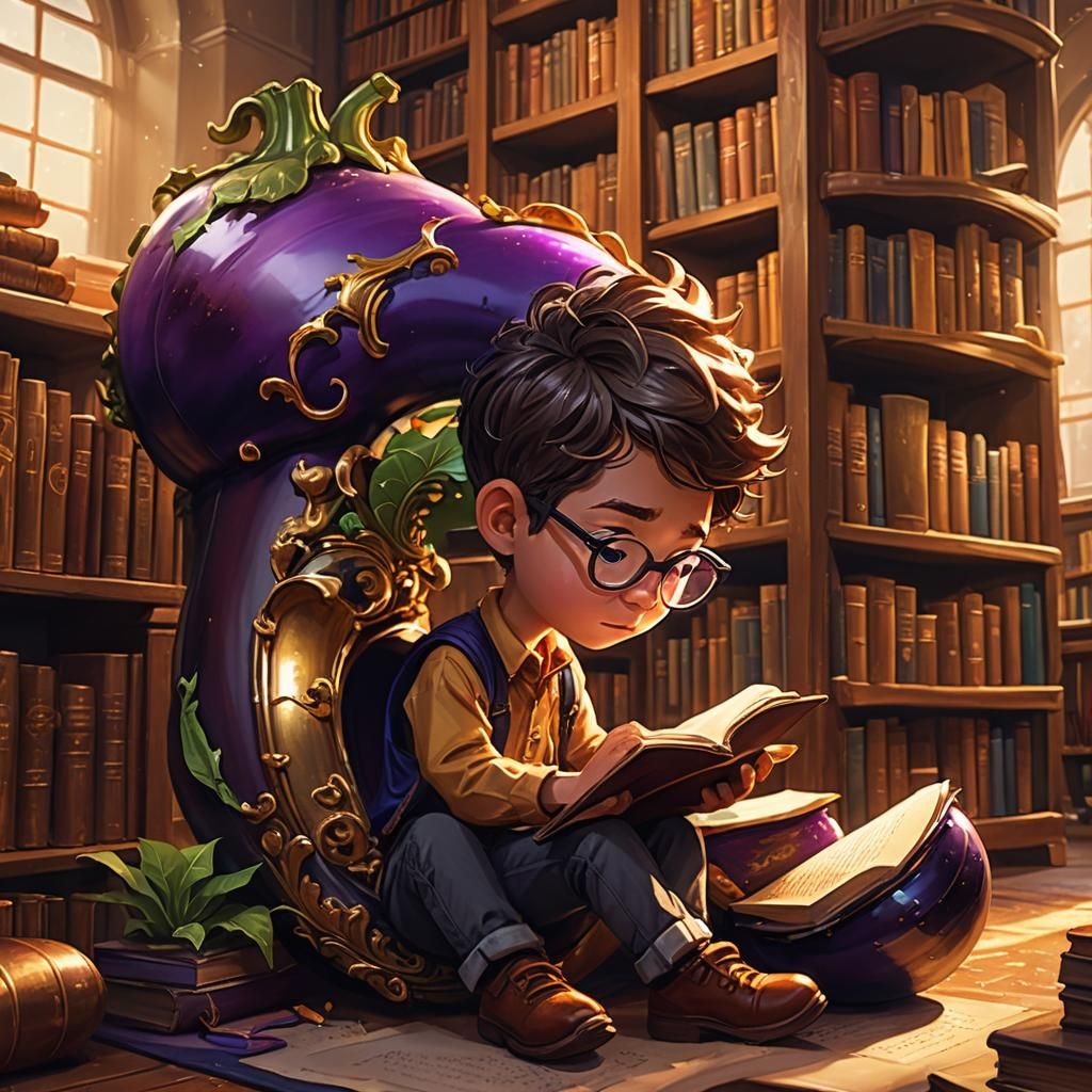 Boy Reads Beside Eggplant Tuba Case, Splash Art