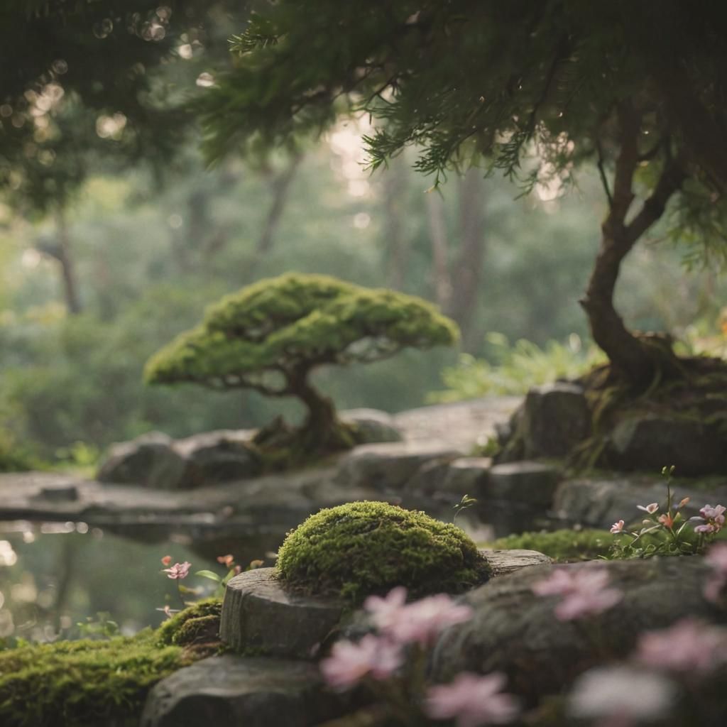 Serene Japanese Zen Garden in Golden Hour