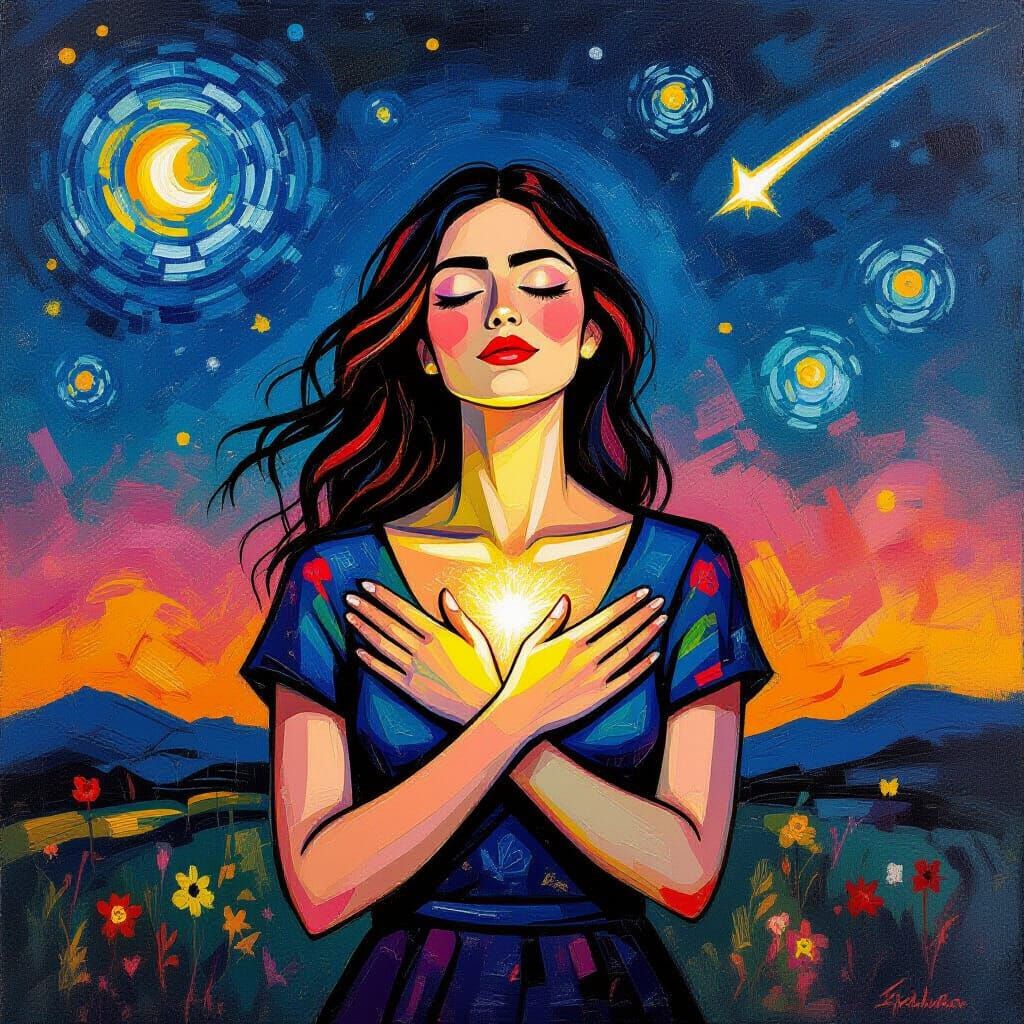 Woman Radiating Light Under Starry Sky in Pollock Style