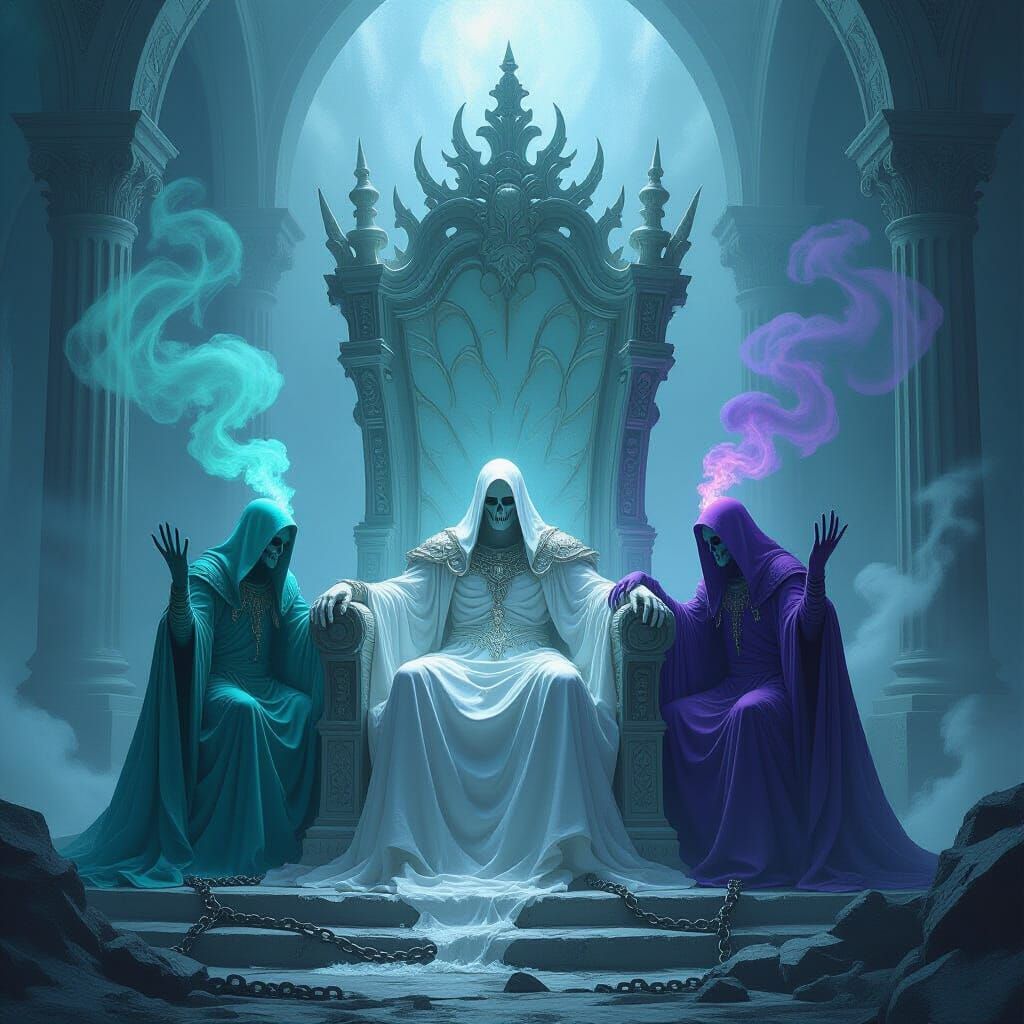 Decaying Bone Throne with Sinister Figures as Tragic Allegor...