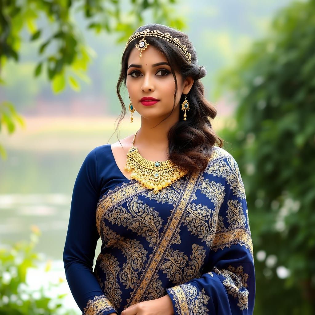 Elegant Woman in Blue Saree with Gold Embroidery
