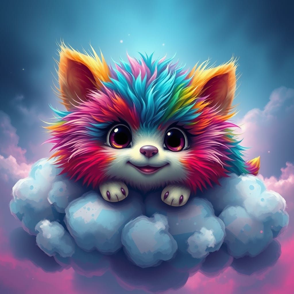 Fluffy Creature on Dreamy Cloud, Fantasy Concept Art