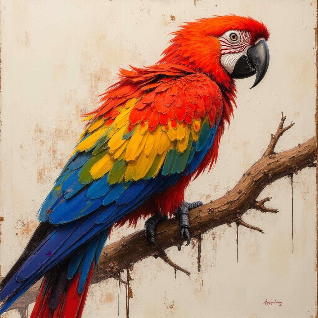 Colorful Macaw on Branch in Pastel Impressionist Style