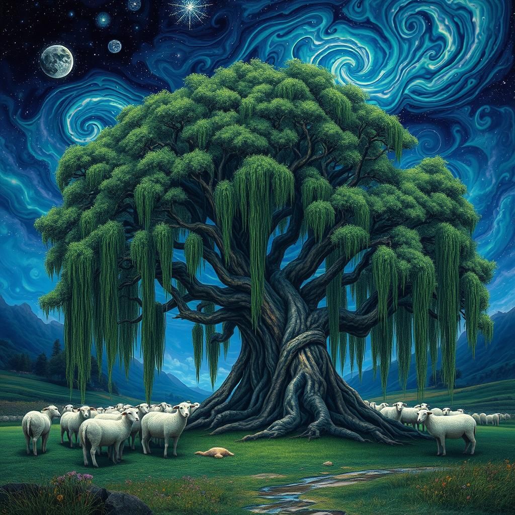 Mystical Willow and Sheep in Surreal Astral Landscape