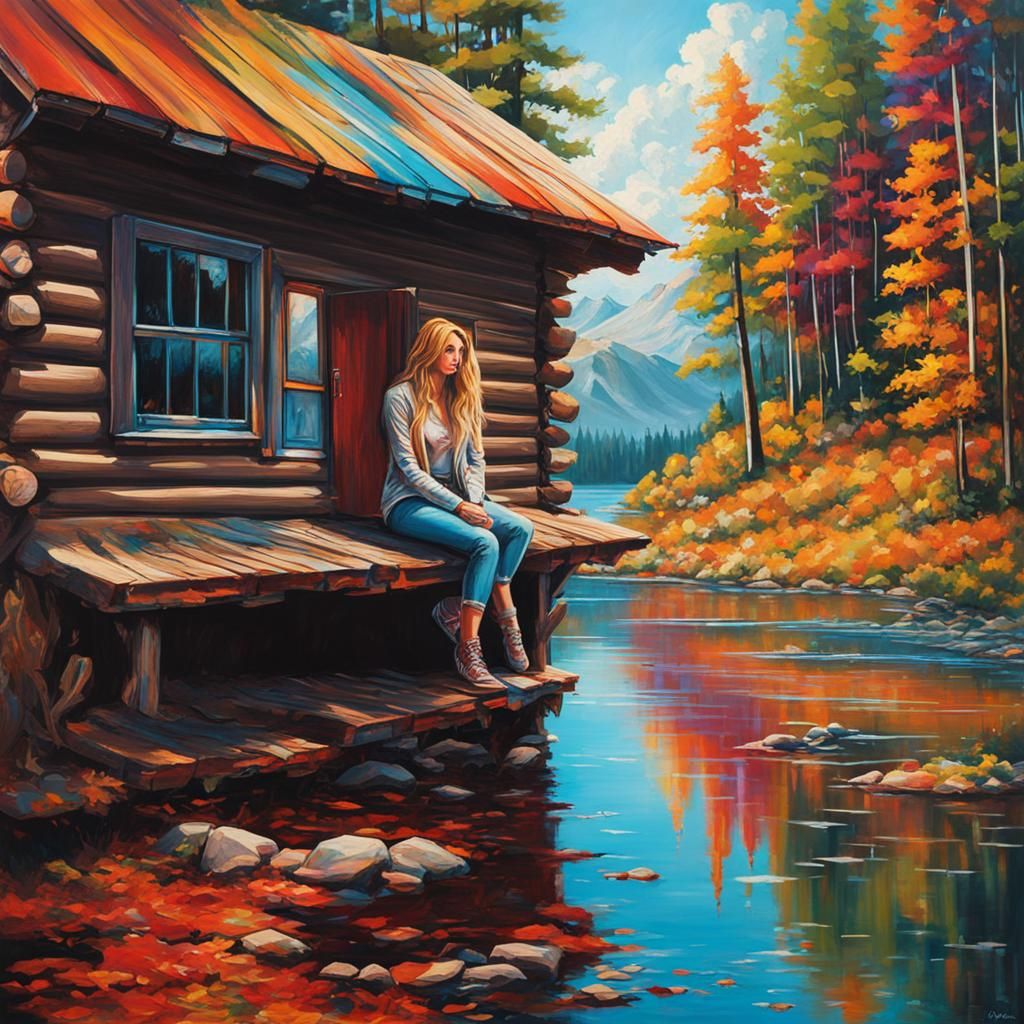 Woman in Cabin Overlooking Lake in Graffiti Art