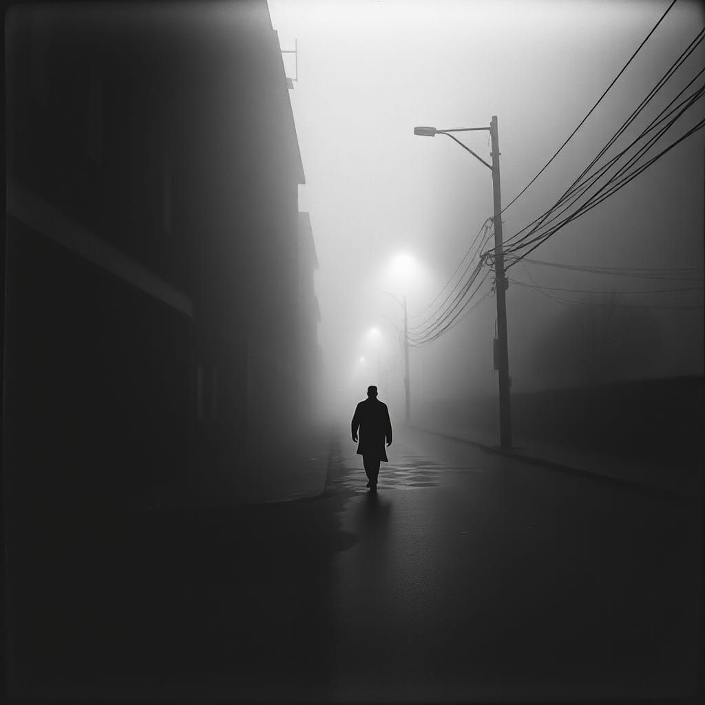 Lone Figure on Foggy Street in Black and White