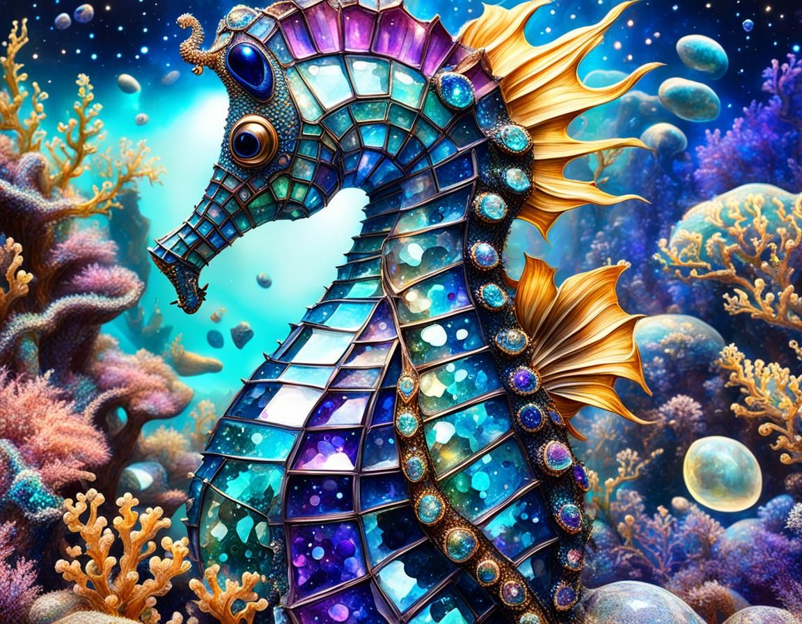Bejeweled Galactic Alien Goddess Seahorse in Starry Oasis