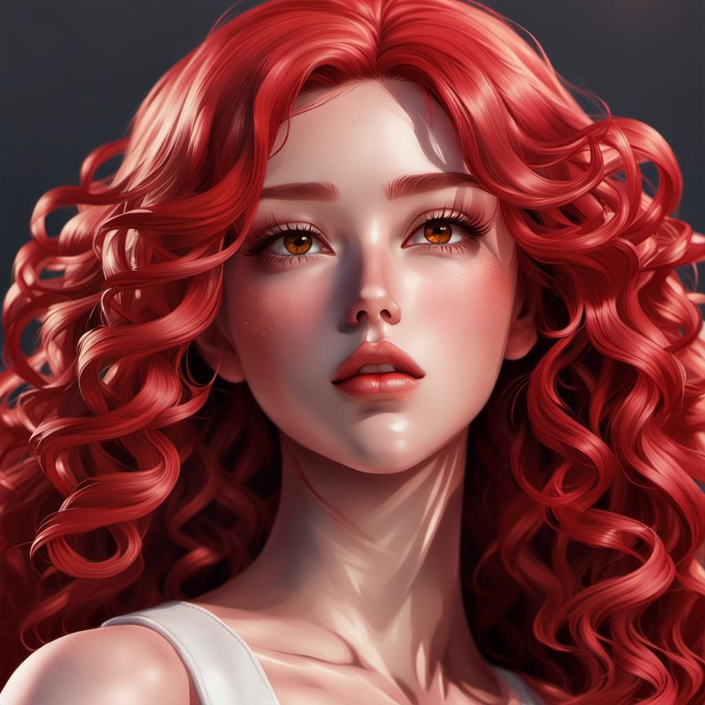 Anime Model with Red Curly Hair, 3D Rendering