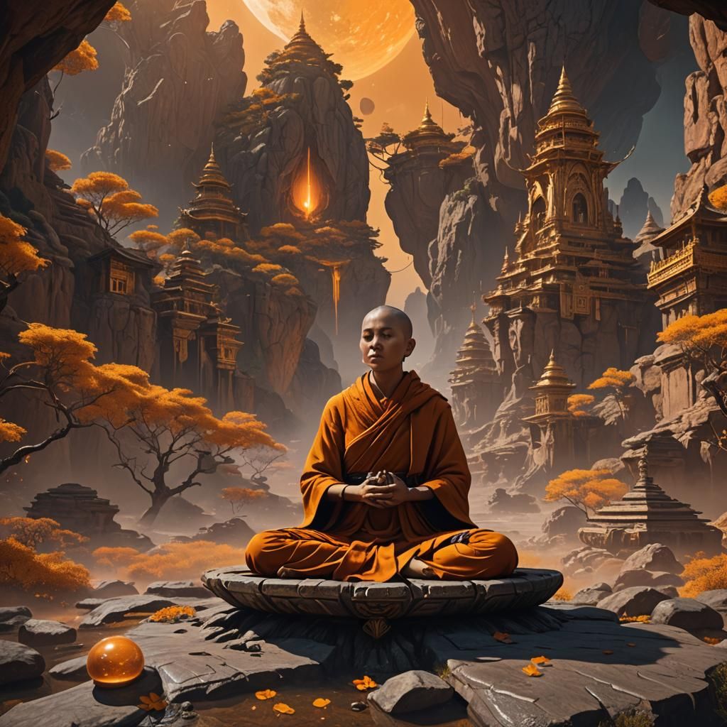 Female Monk Meditating on Mercury in Detailed Matte Painting