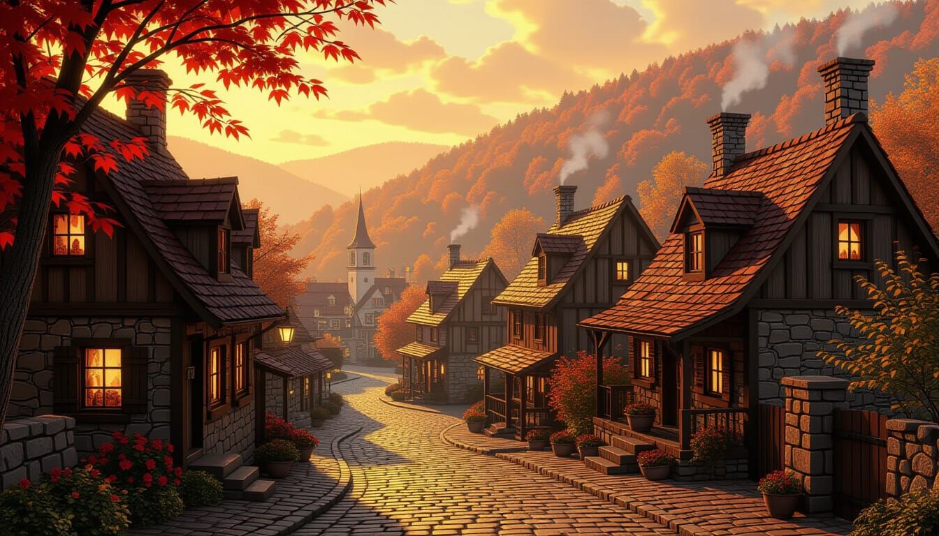 Rustic Autumn Town in Golden Hour Light