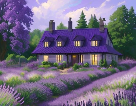 Purple Cottage in Lavender Field Oil Painting