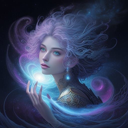 Ethereal Hands Reveal Fibonacci Shell in Cosmic Sky