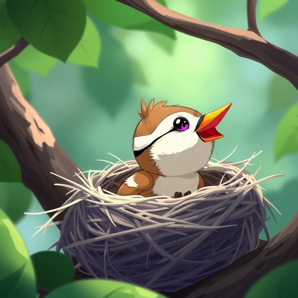 Birdling Seeks Mama in Vibrant Cel-Shaded Nest