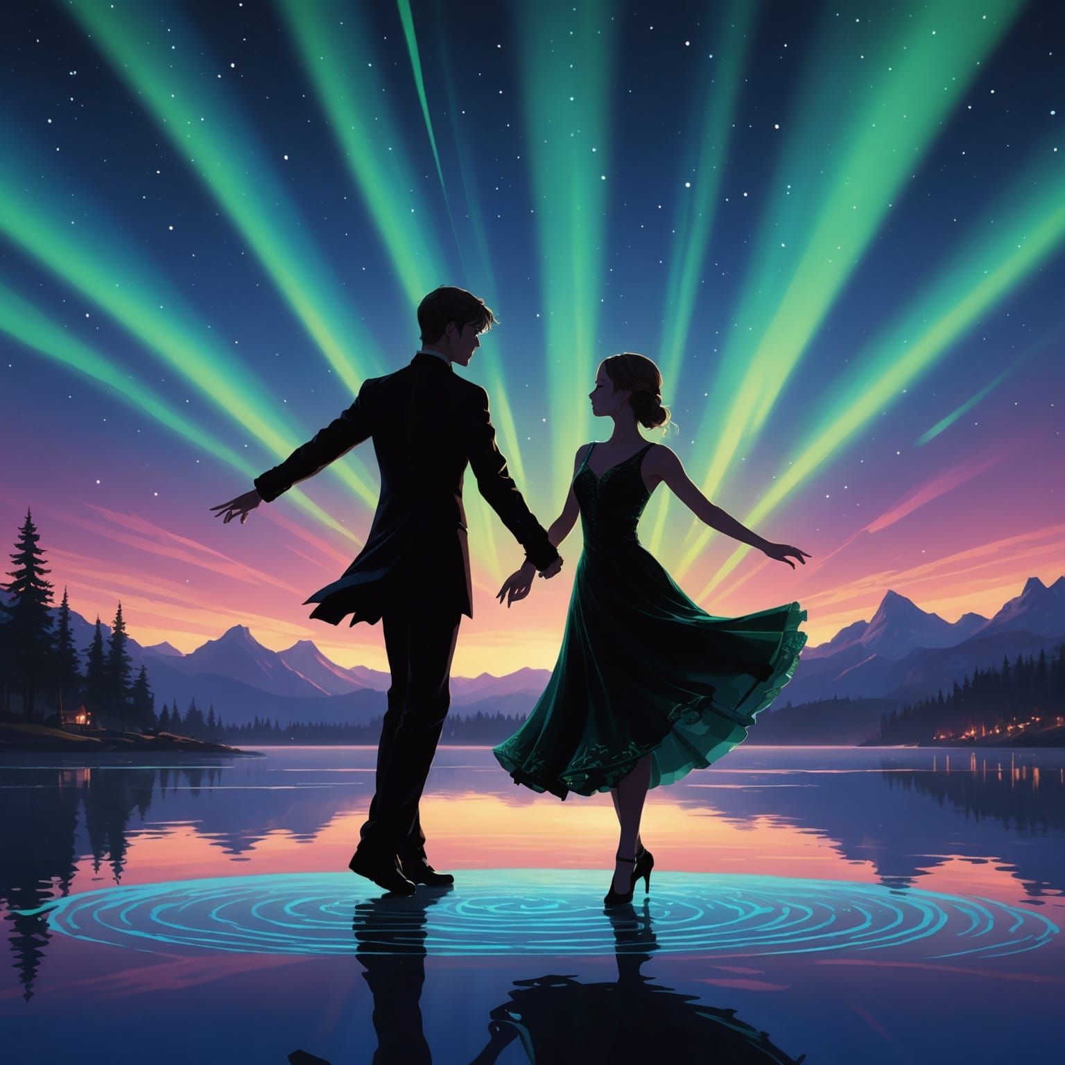 Ballroom Couple Dancing in Prismatic Northern Lights
