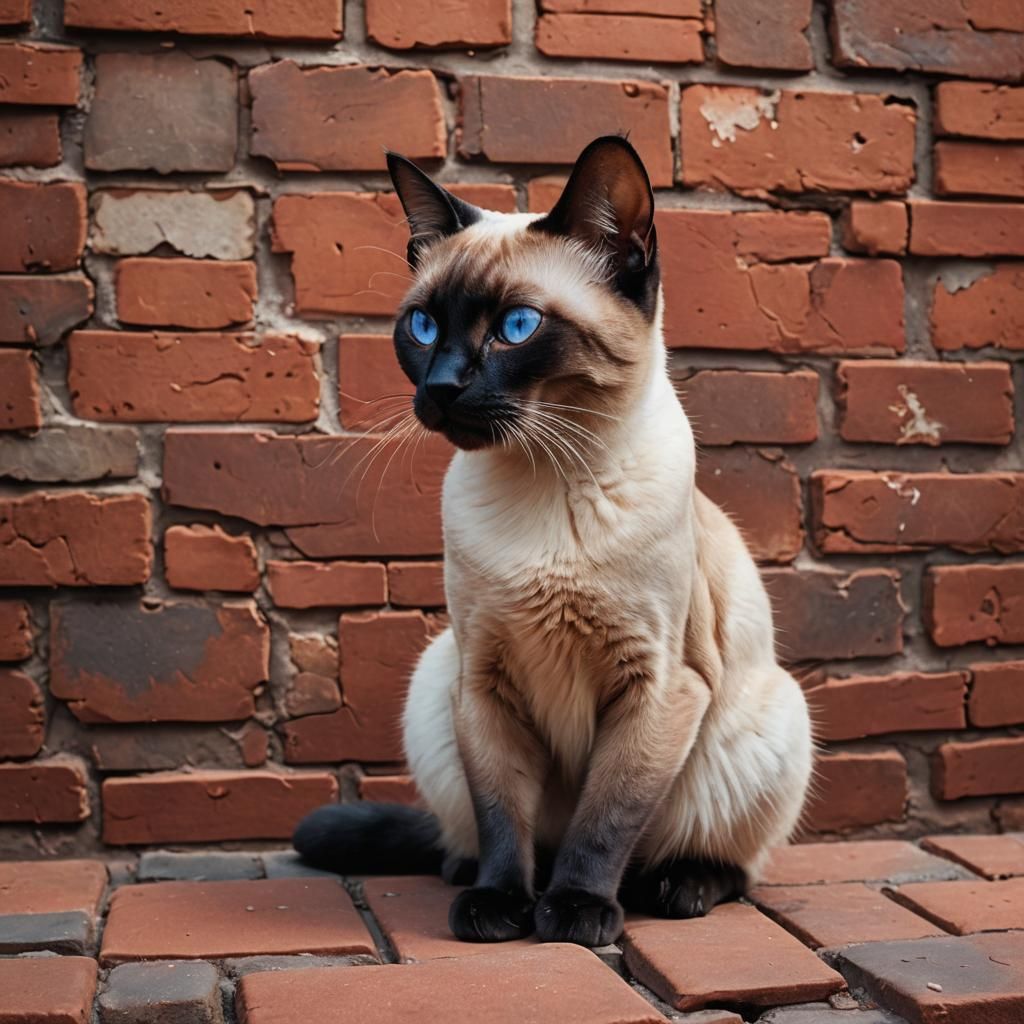 Siamese Cat on Brick Wall as Matte Painting