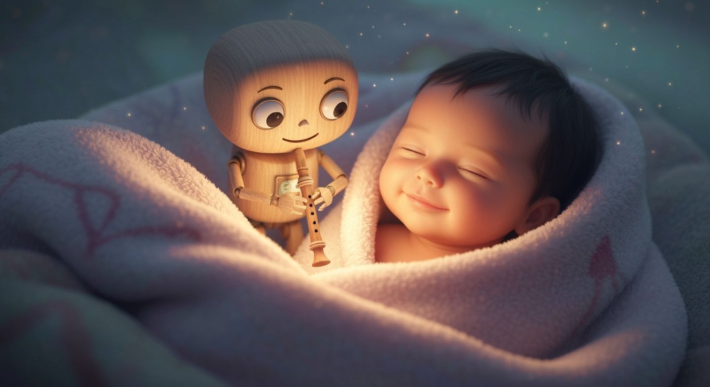 Child and Robot with Recorder in Dreamlike Atmosphere