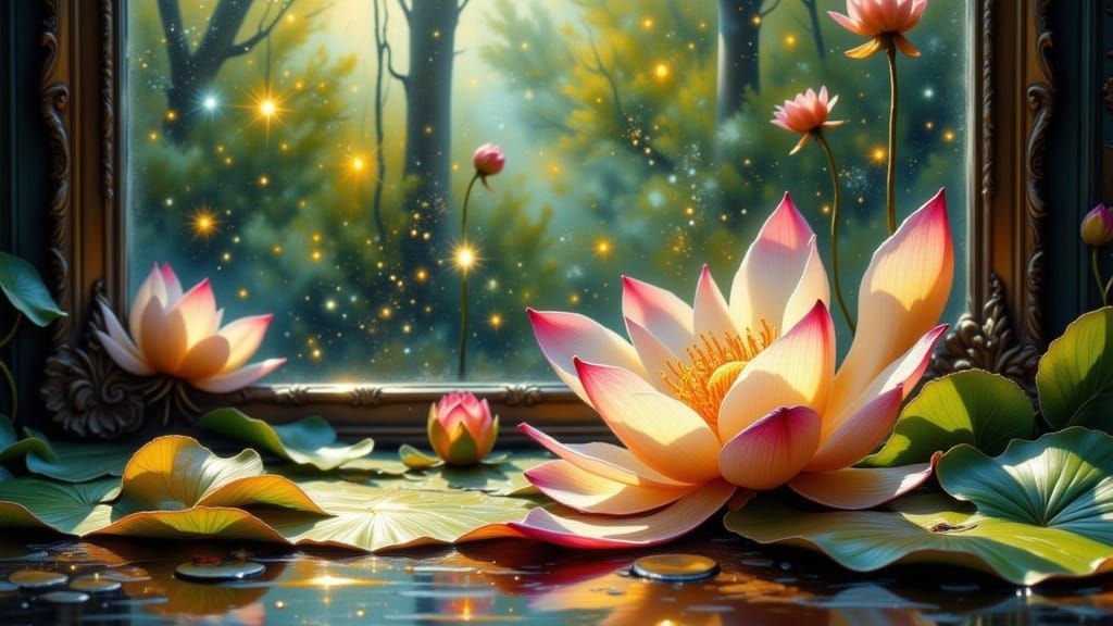 Sunlit Lotus Reflected Through Broken Glass: Ink Sketch