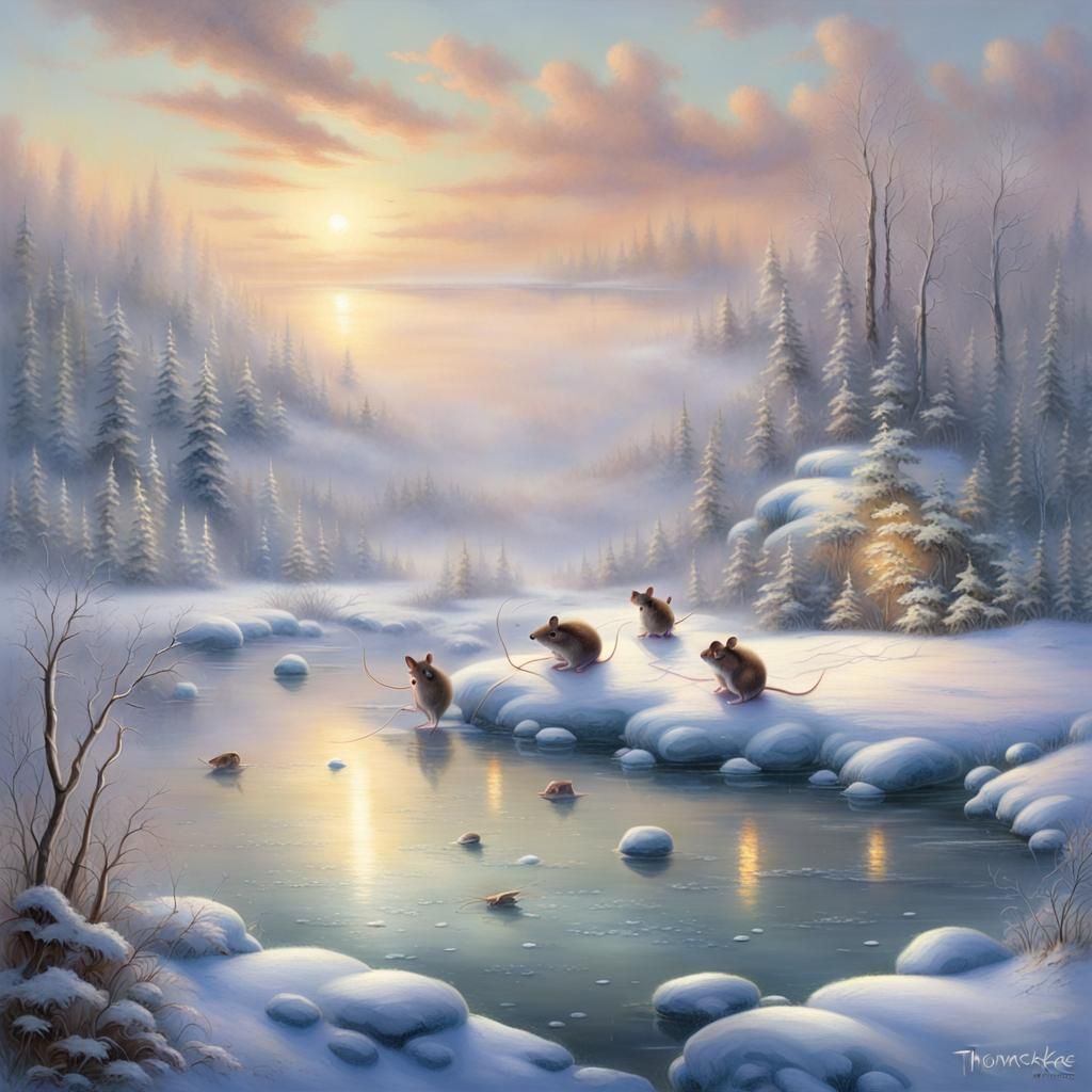Mice Ice Fishing in Tundra: Ethereal Fantasy Scene