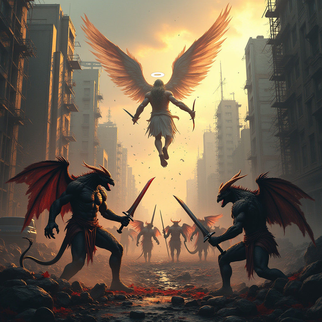 Angels and Demons Clash in Ruined Metropolis