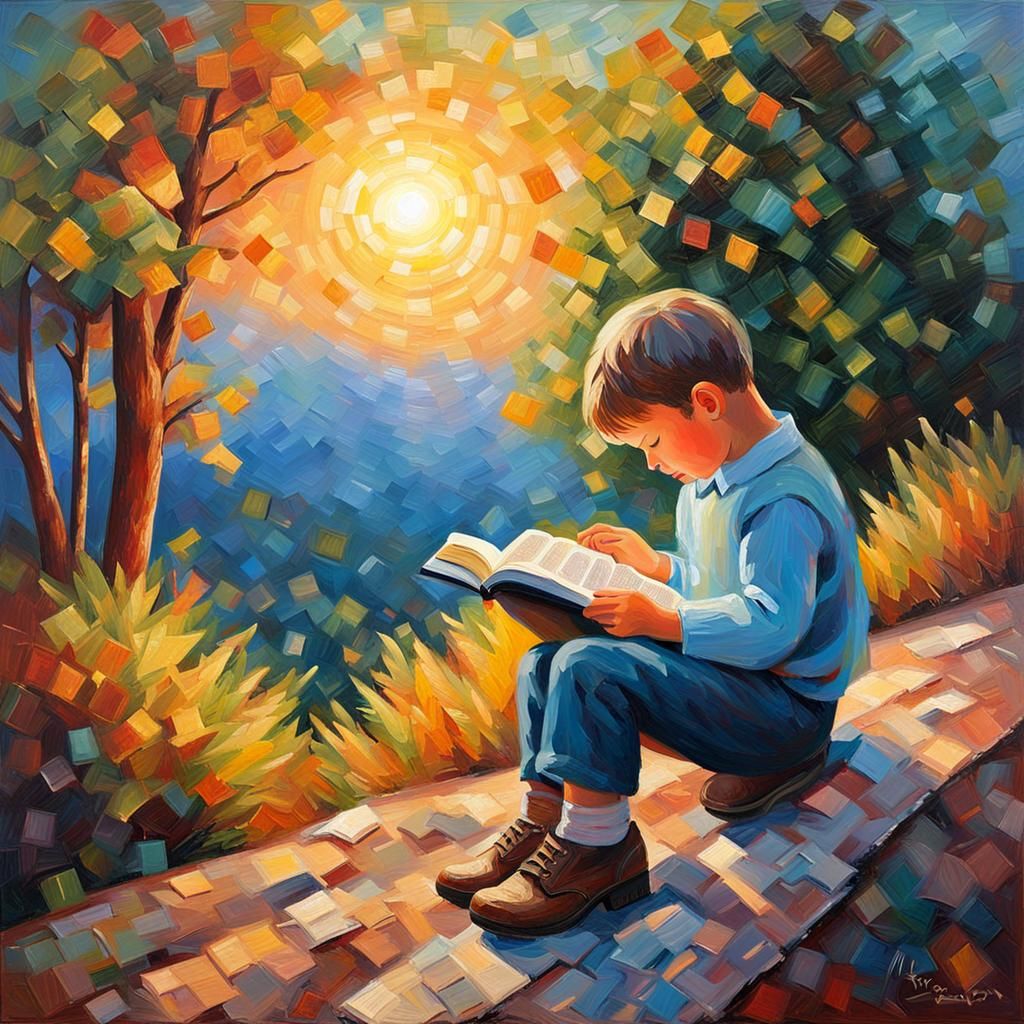 Child Reading Bible in Peaceful Landscape, Expressionist Oil...