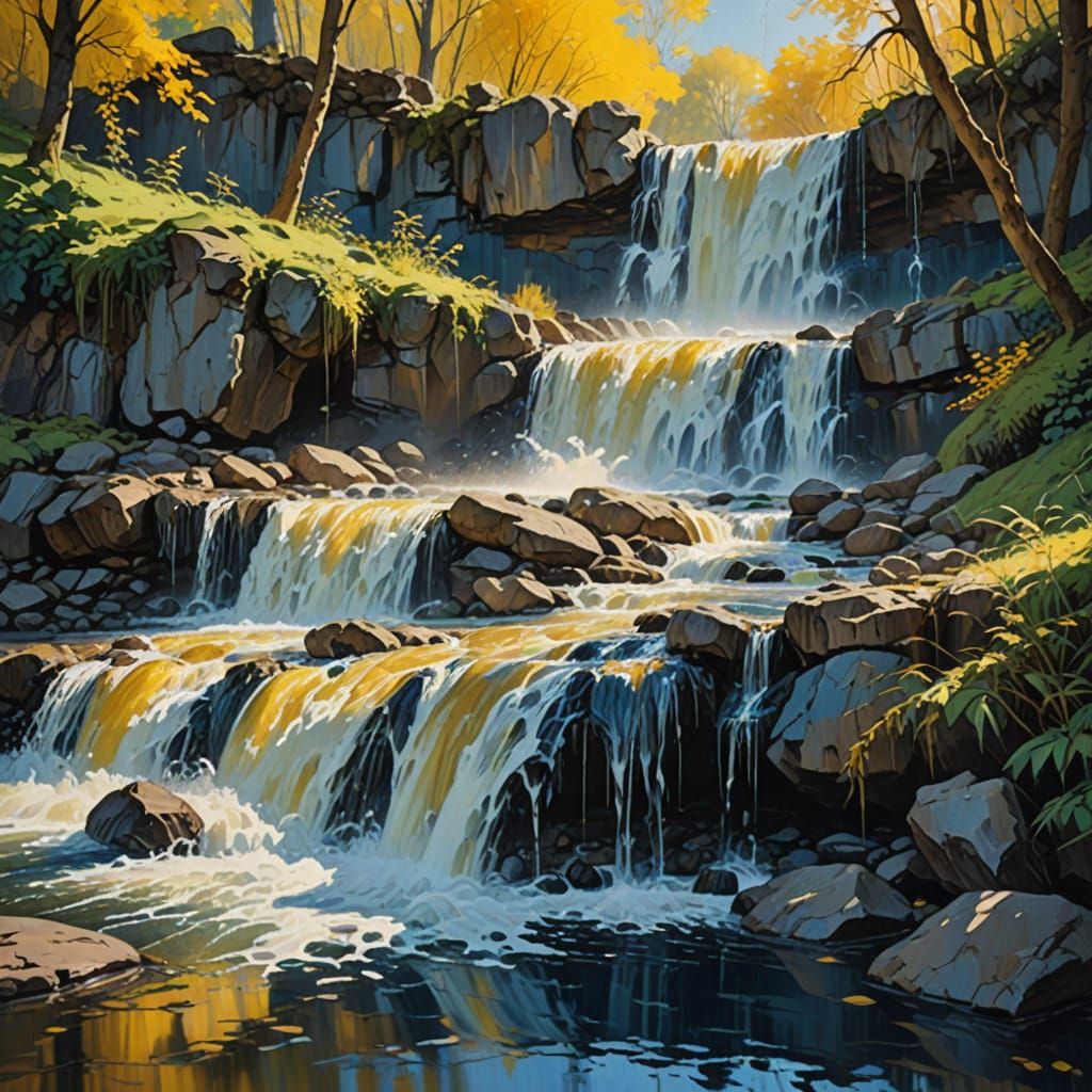 Waterfall Cascade in Vibrant Cinematic Oil Painting Style