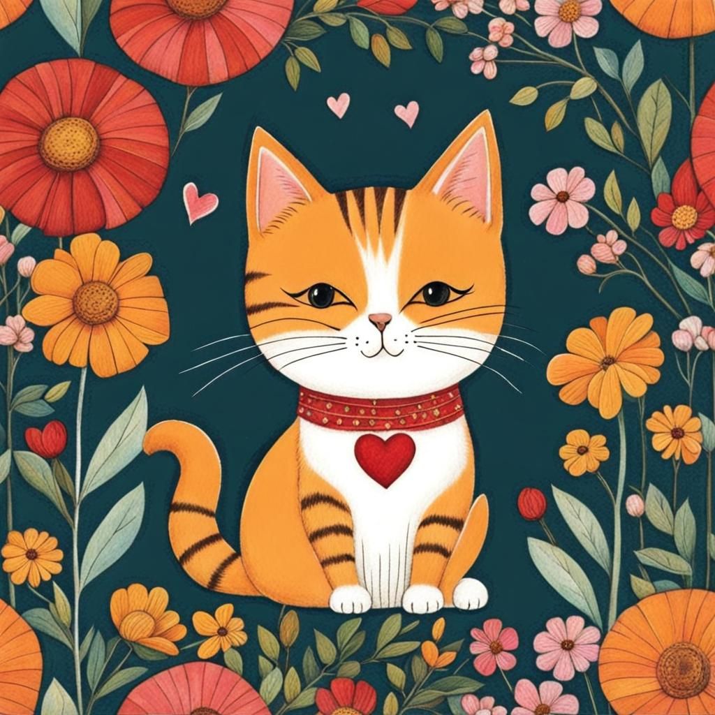 Cat Surrounded by Flowers in Naive Art Style