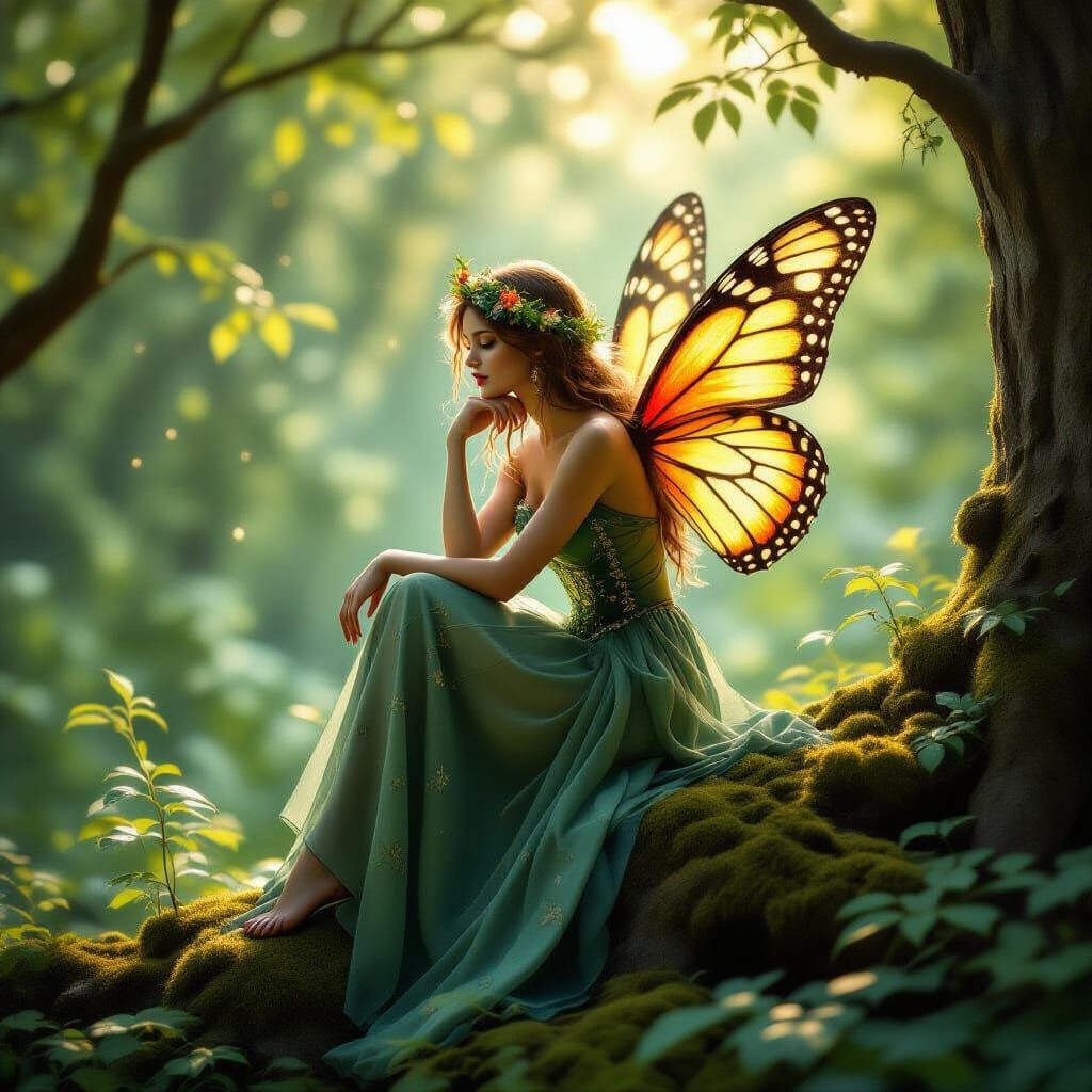 Impressionistic Portrait of a Butterfly-Winged Forest Fairy
