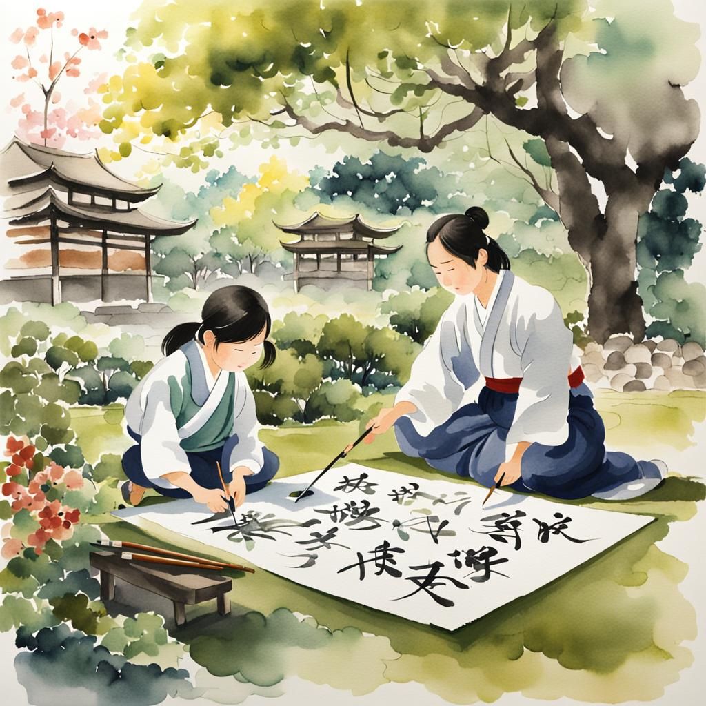 Calligraphy Practice in Tranquil Garden, Japanese Ink Style