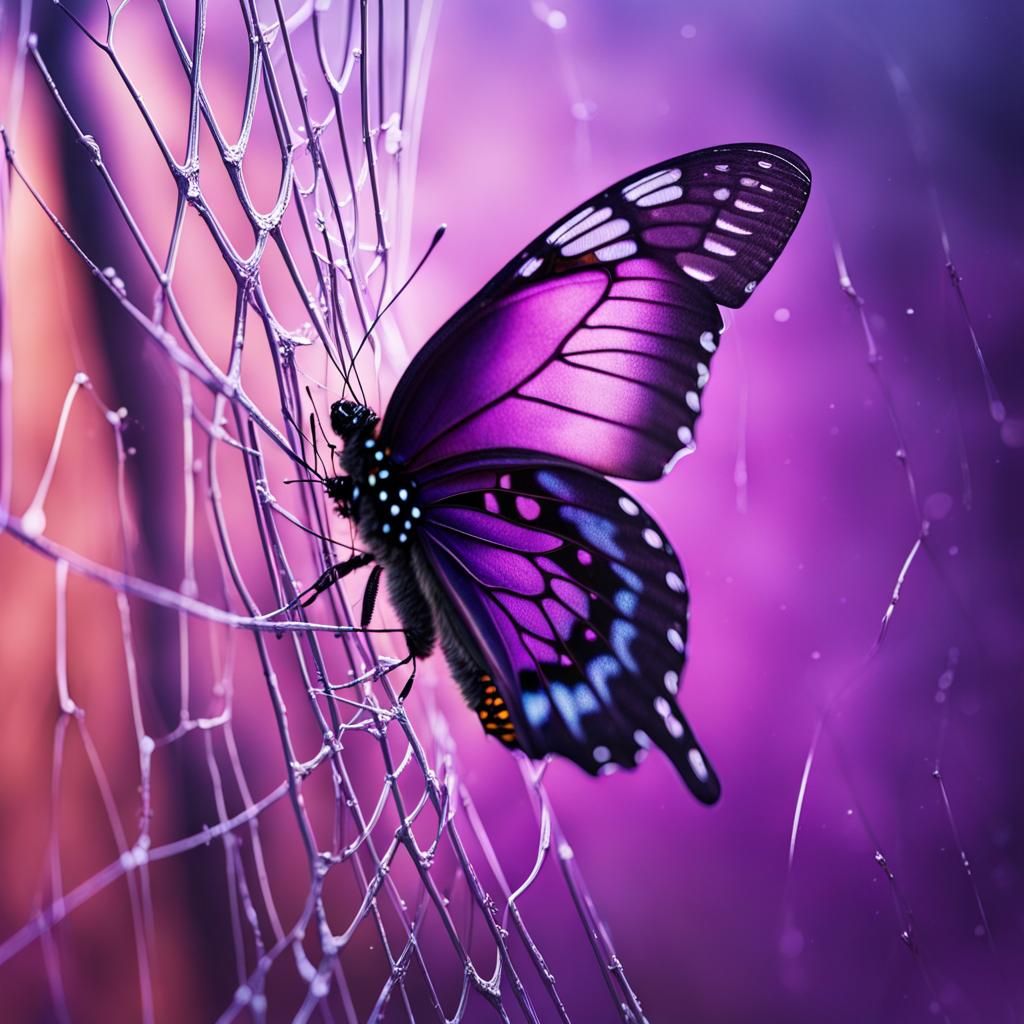 Purple Butterfly in Spider Web: Hyperrealistic Splash Art
