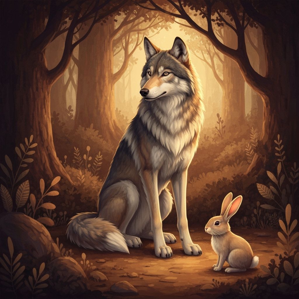 Gentle Wolf and Rabbit in Forest, Warm Earthy Tones