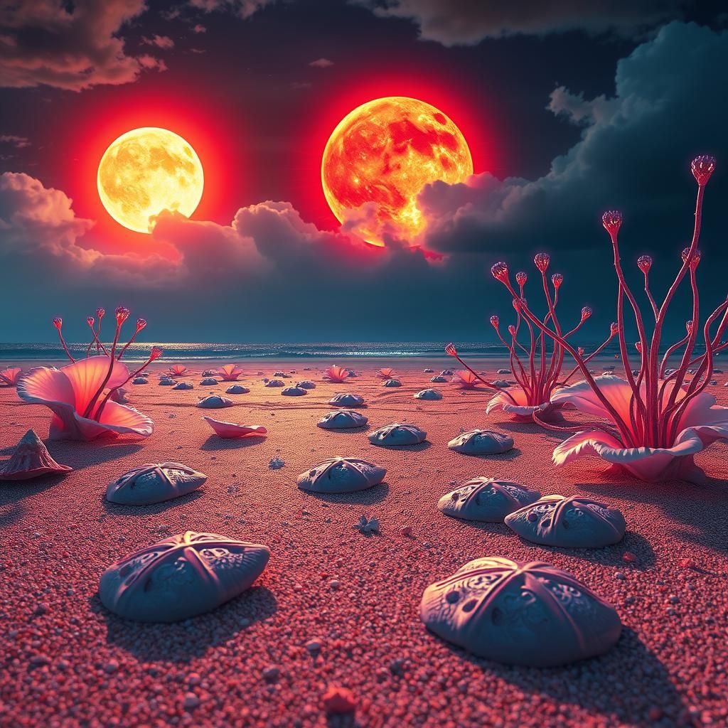 Sand Dollars on an Alien Beach in Surreal Style