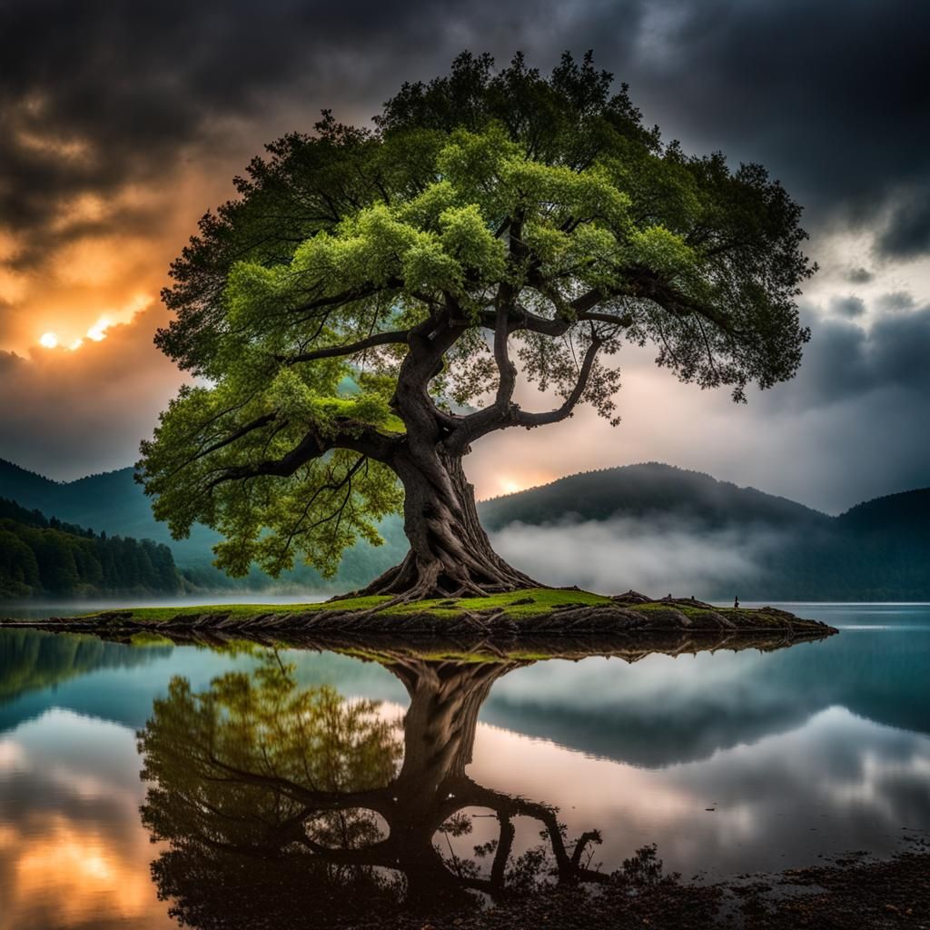 Photorealistic Twisted Tree in Stormy Landscape