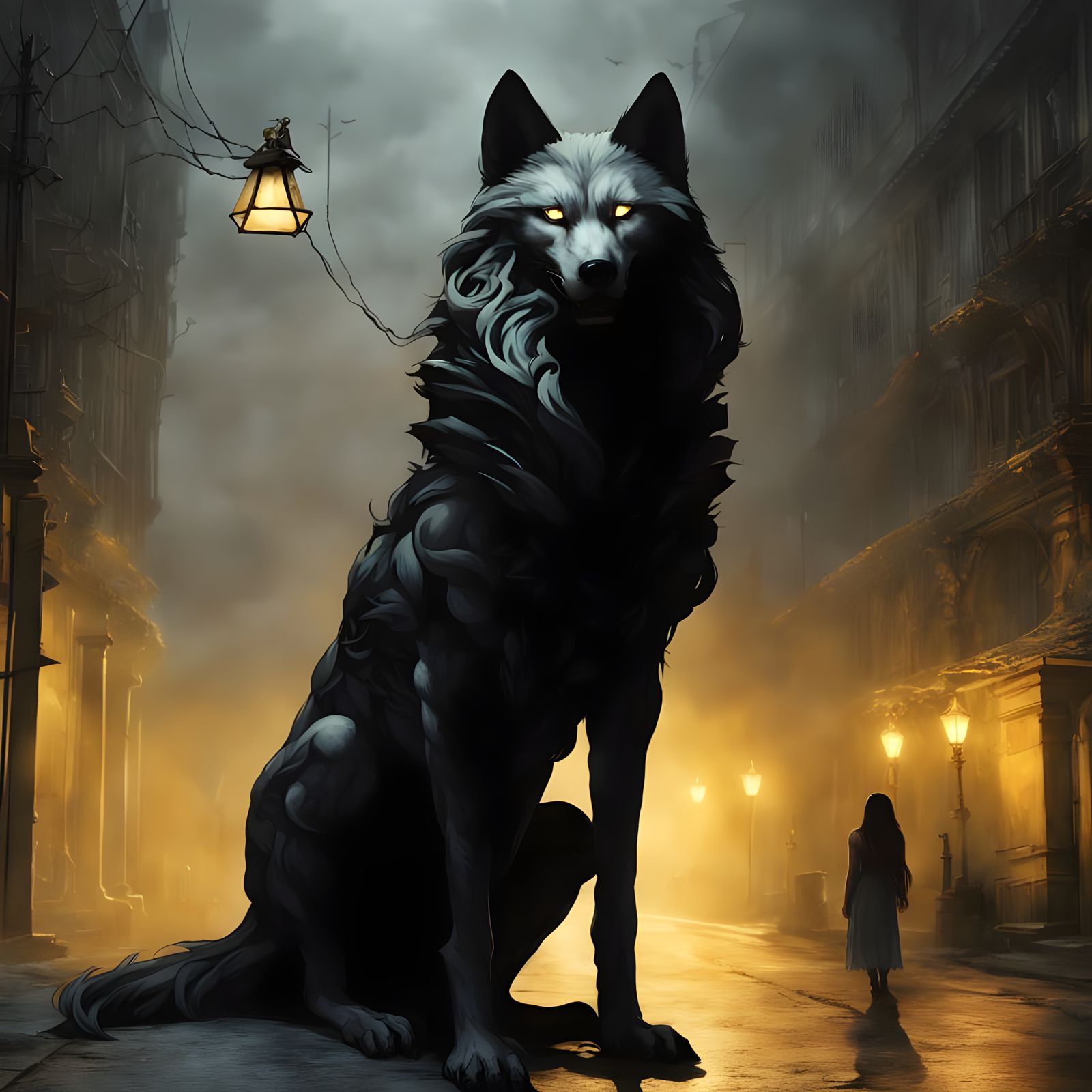 Mysterious Woman Walks with Fierce Black Wolf in Foggy Night