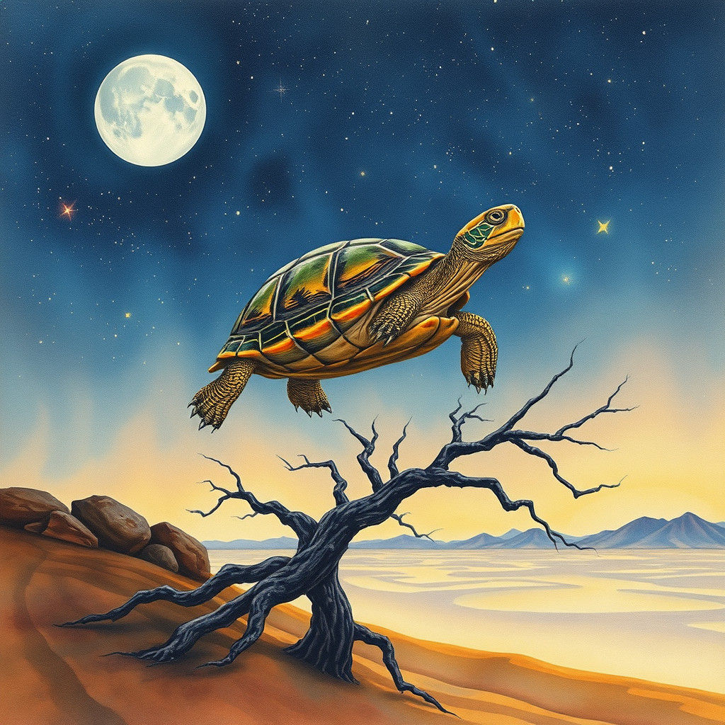Surreal Tortoise Floats Through Starry Desert Sky
