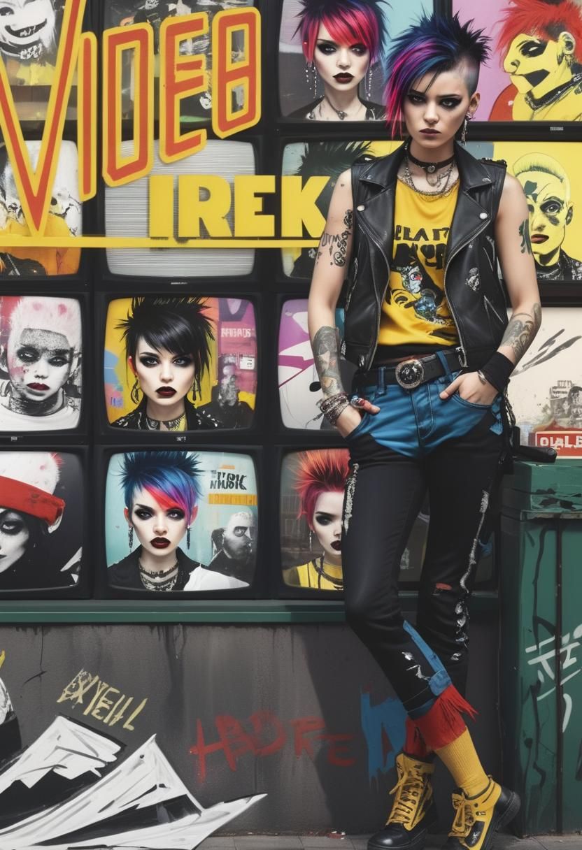 Cyberpunk Woman in Front of TV Store Window in Hyperrealisti...