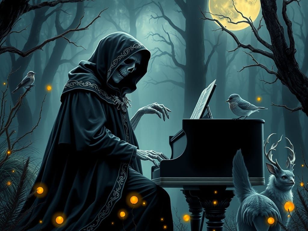 Grim Reaper in a fantasy forest playing the piano, birds and animals listing to his play