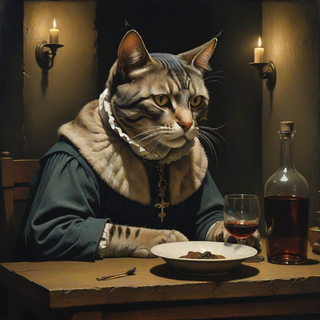 Melancholy Cat Drinks in Smoky Speakeasy