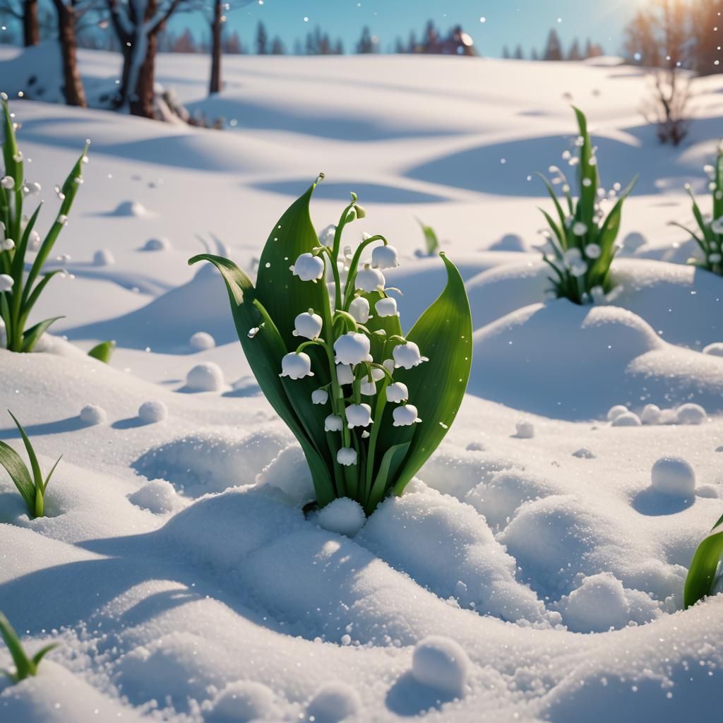 Art of Lilly of the Valley popping out of the snow