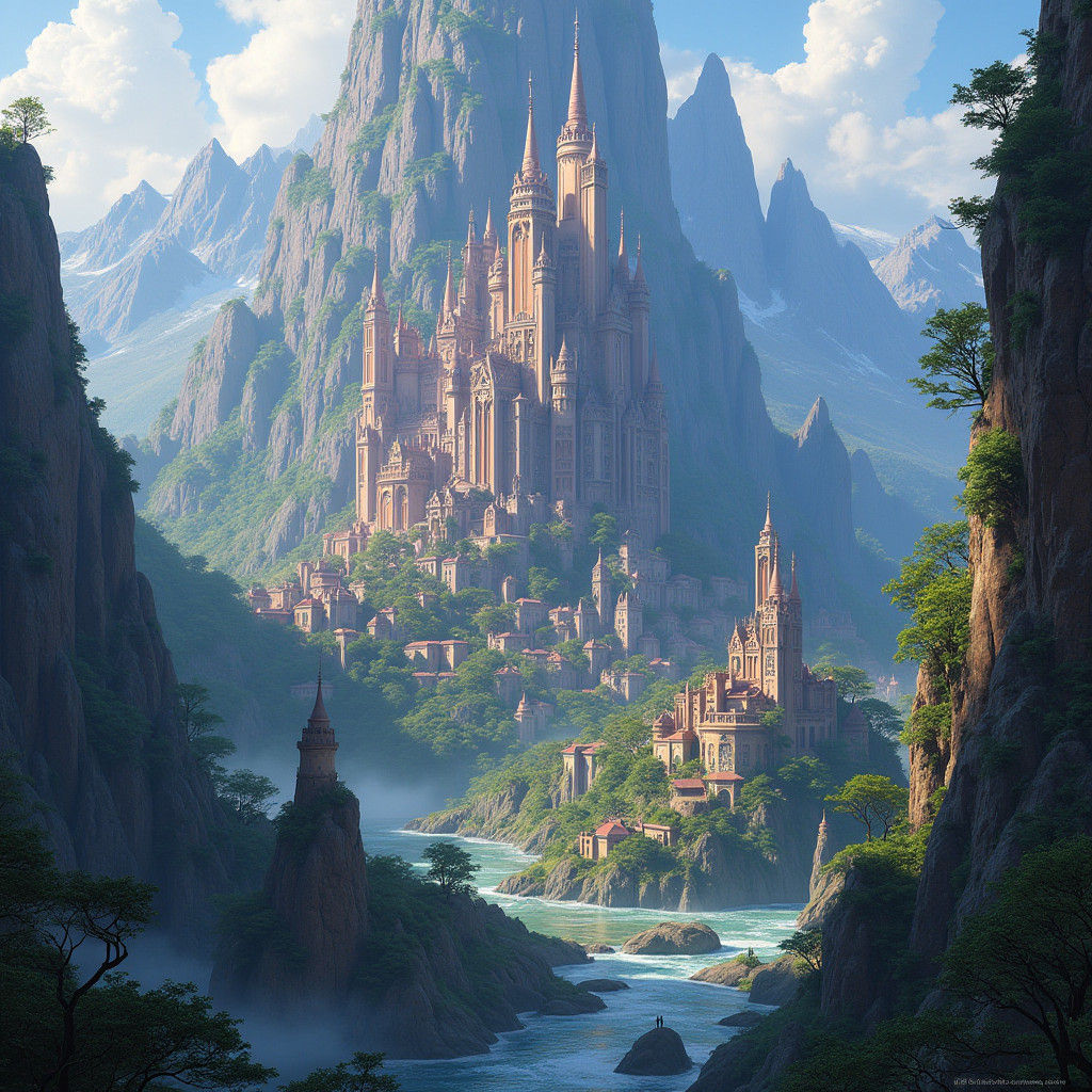 Mystical Mountain Cityscape in Matte Painting Style