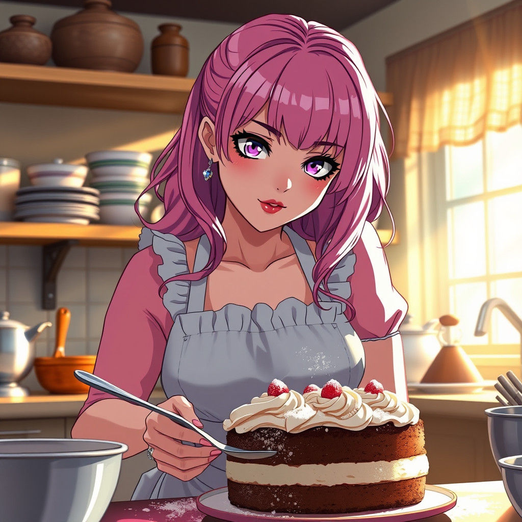 Anime Woman Baking Cake in Studio Trigger Style