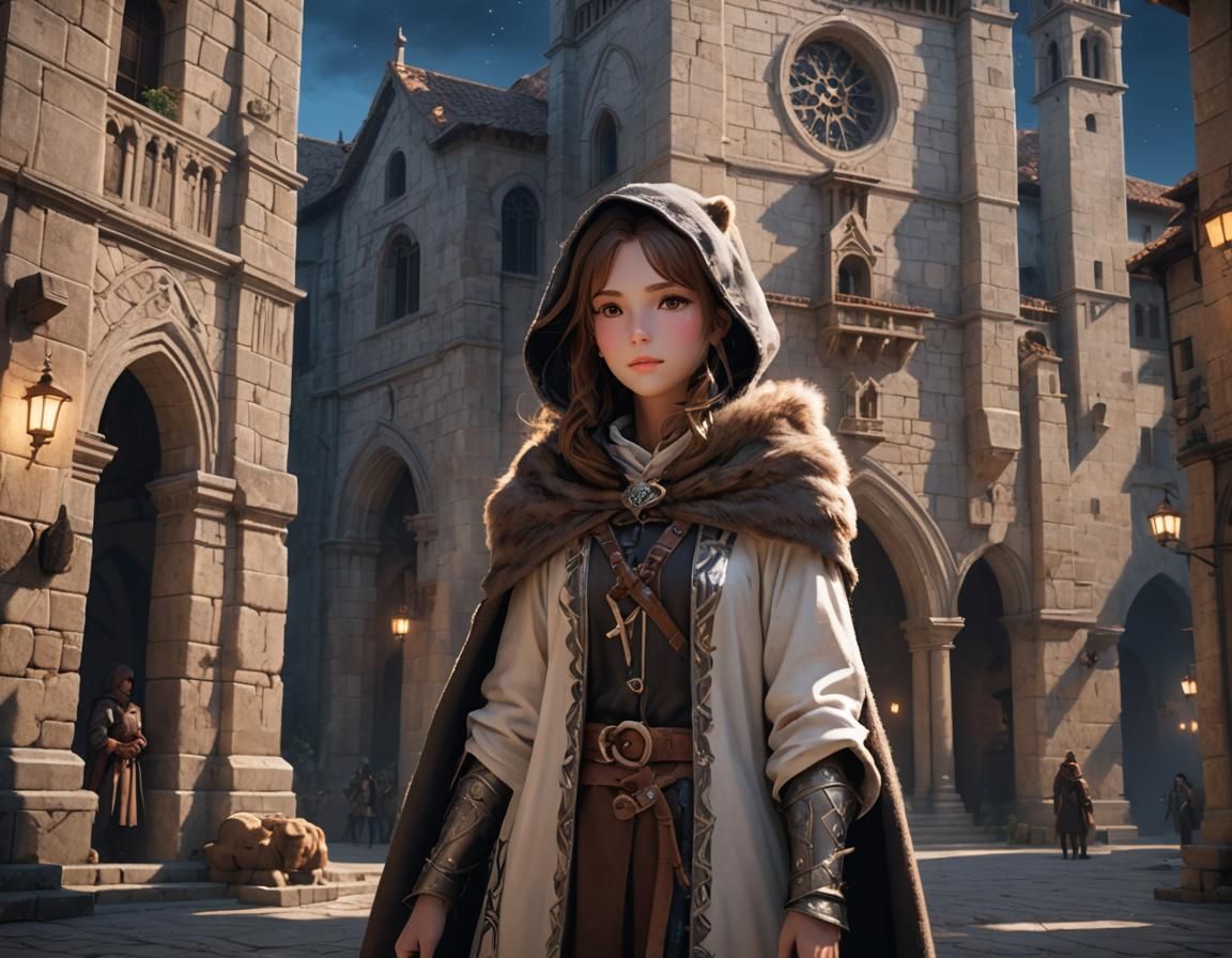 Huntress in Italian Square, Dark Fantasy Anime Art