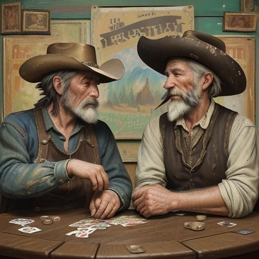 Old West Prospectors Playing Cards, Impressionist Oil Painti...