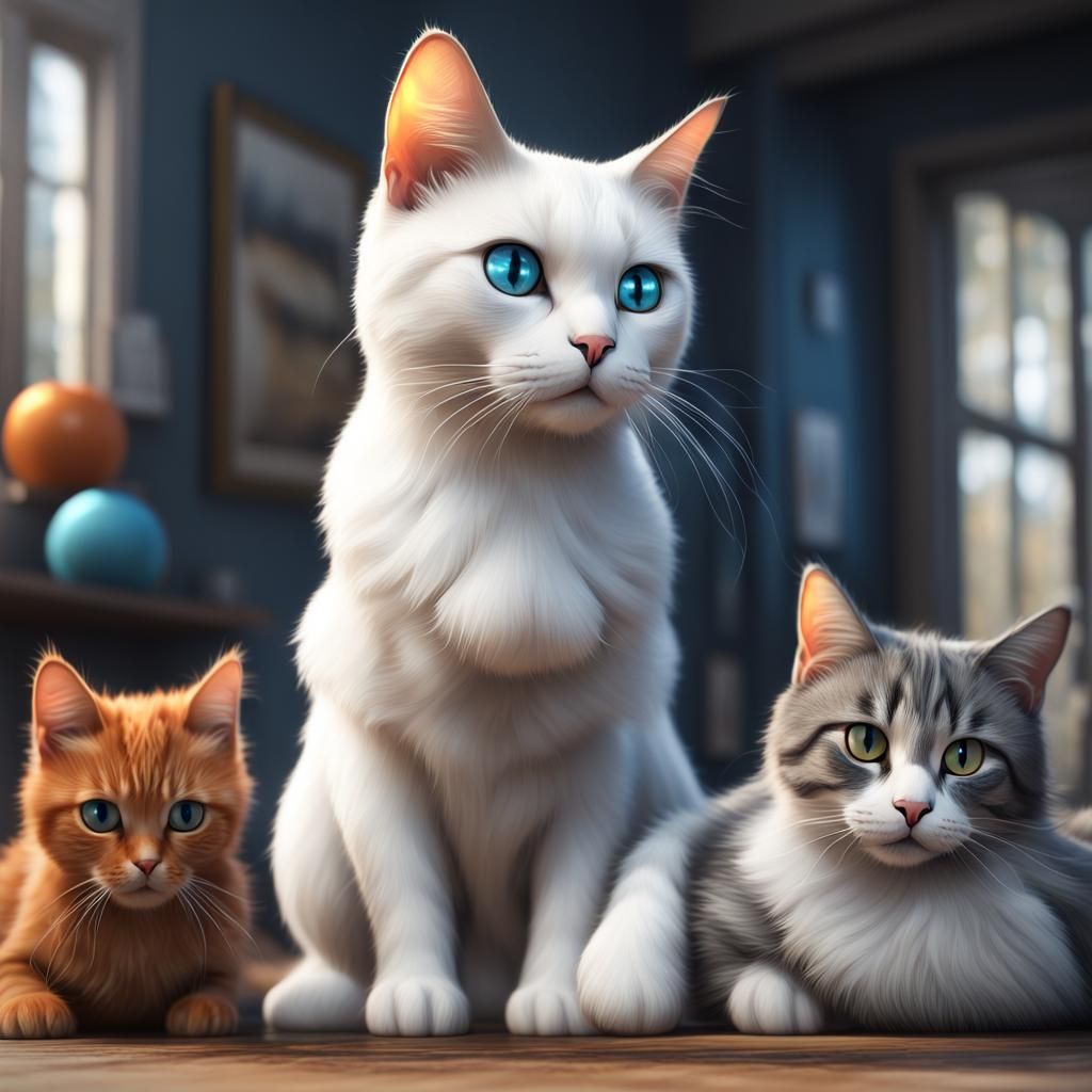 Three Cats in Detailed Fantasy Art