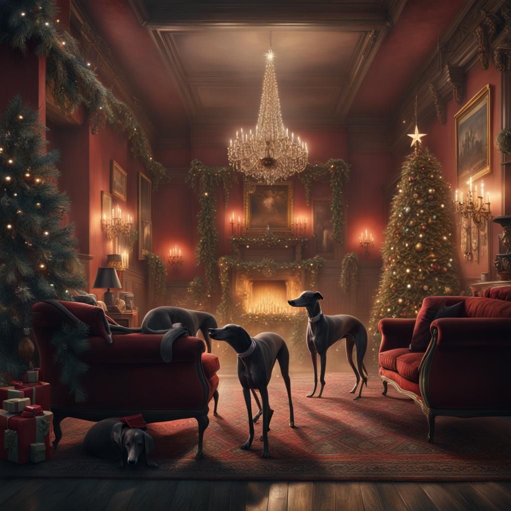Festive Christmas Greyhounds in Digital Painting Style